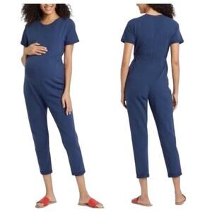 NEW The Nines by Hatch Maternity Jumpsuit Blue Cotton French Terry Short SlvSz S